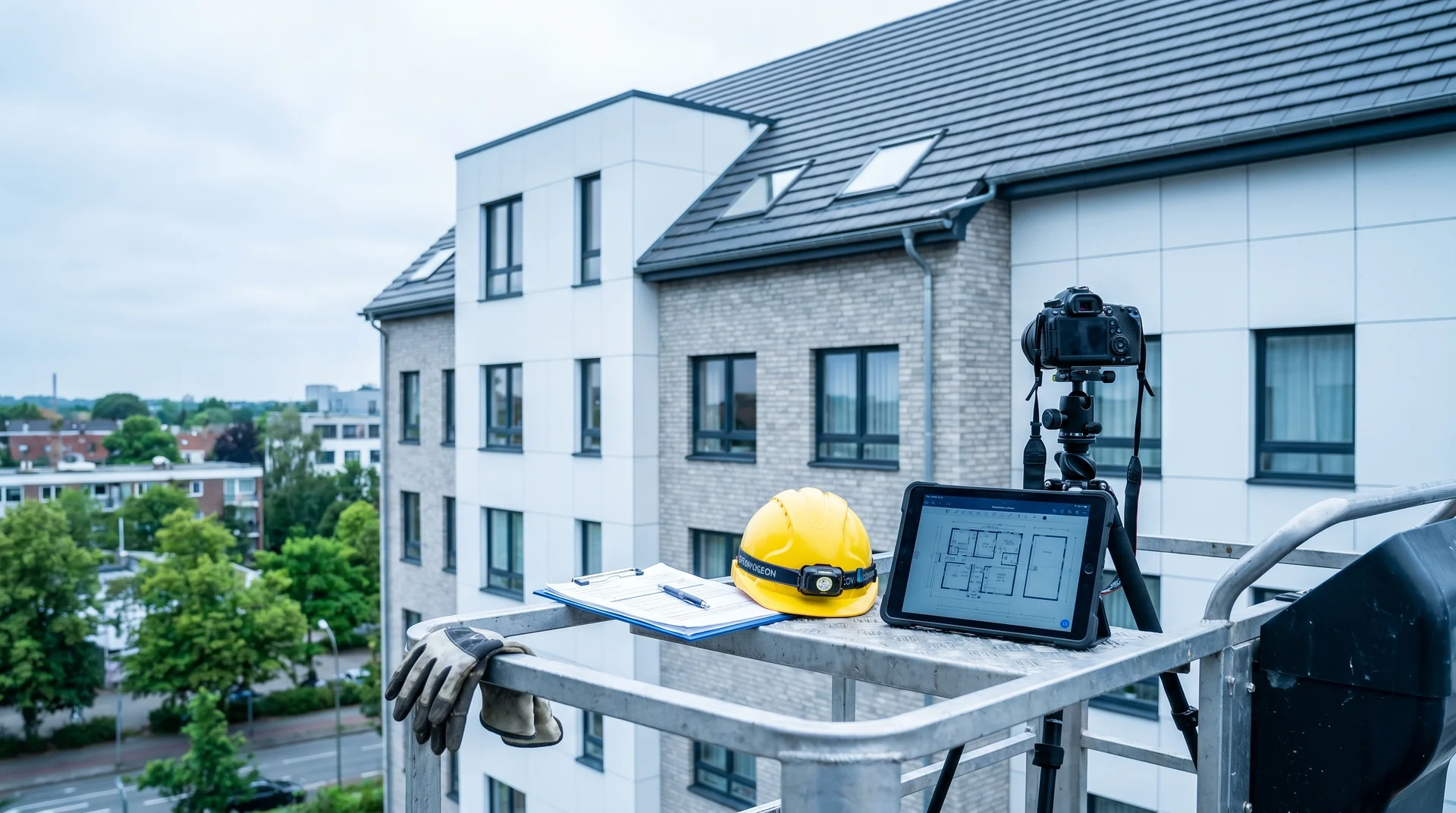 Byggarbetsplats med kamera, ritningar, hjälm och surfplatta på balkong med modern byggnad i bakgrunden.