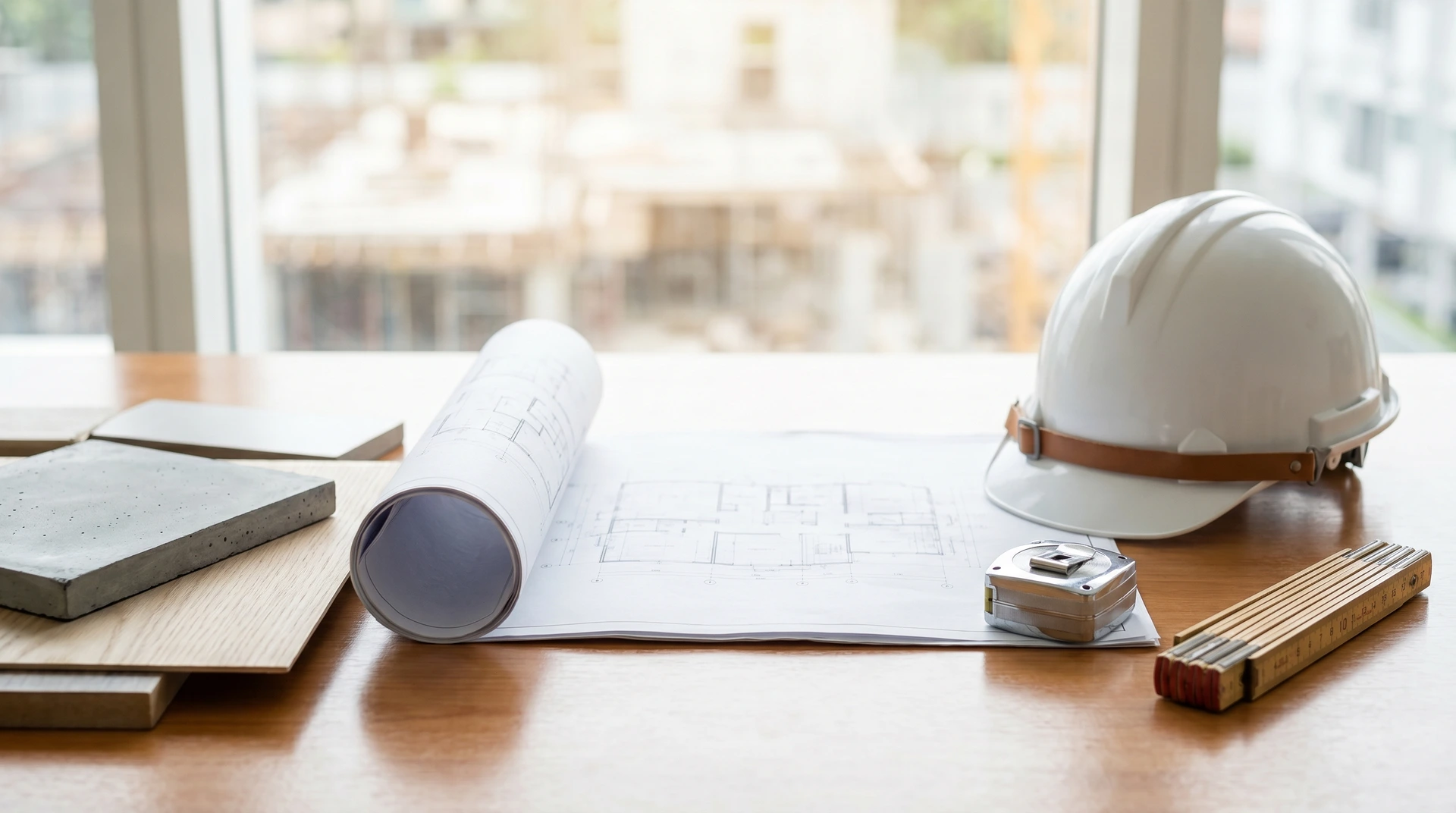 Arkitektrullningar, ritningar, bygghjälm och måttband på träbord vid fönster.